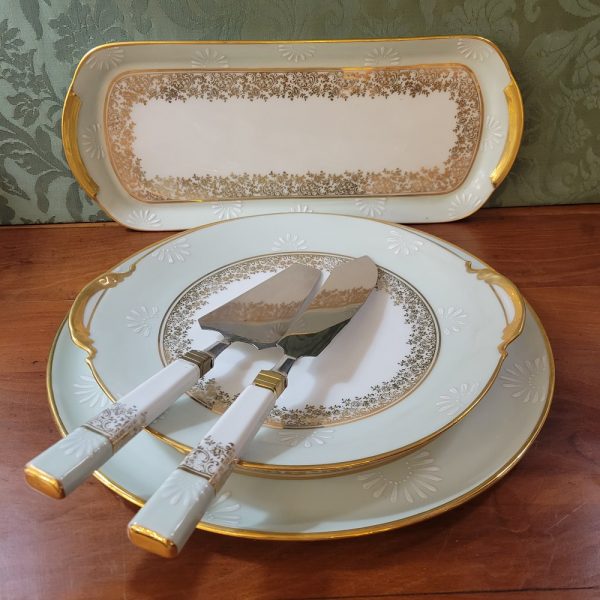 Service à Dessert Limoges, Vintage, Assiettes, Plats, Pelle et Couteaux à Gâteaux, vert Céladon