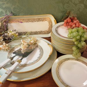 Service à Dessert Limoges, Vintage, Assiettes, Plats, Pelle et Couteaux à Gâteaux, vert Céladon