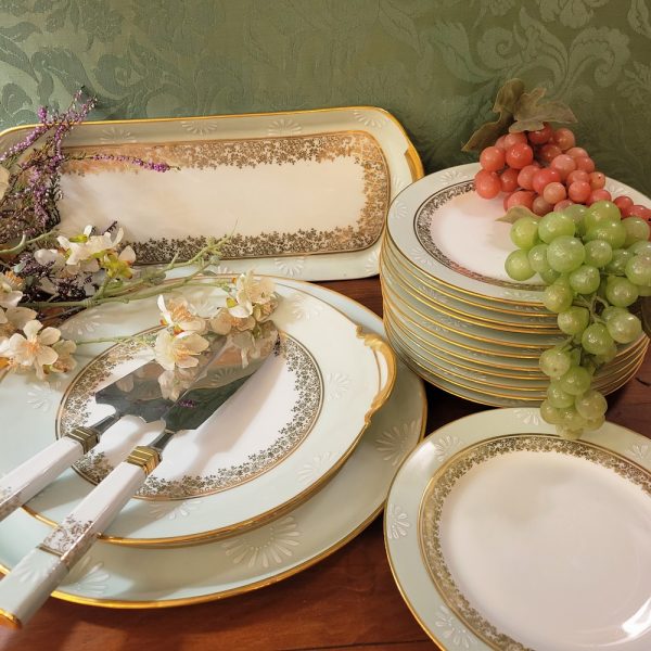 Service à Dessert Limoges, Vintage, Assiettes, Plats, Pelle et Couteaux à Gâteaux, vert Céladon