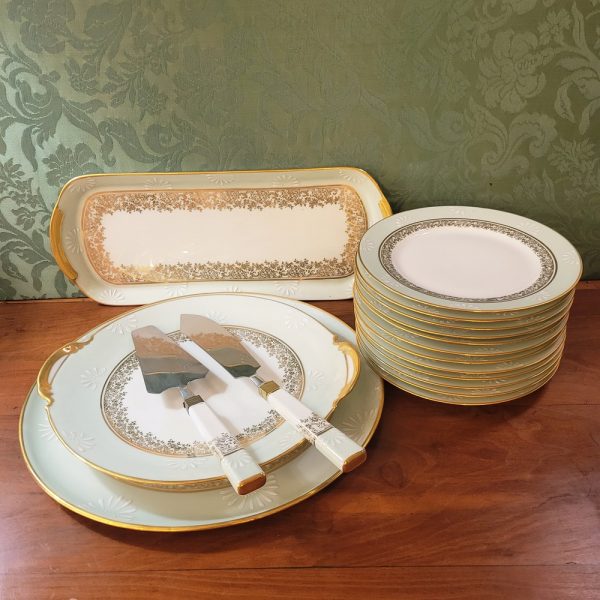 Service à Dessert Limoges, Vintage, Assiettes, Plats, Pelle et Couteaux à Gâteaux, vert Céladon