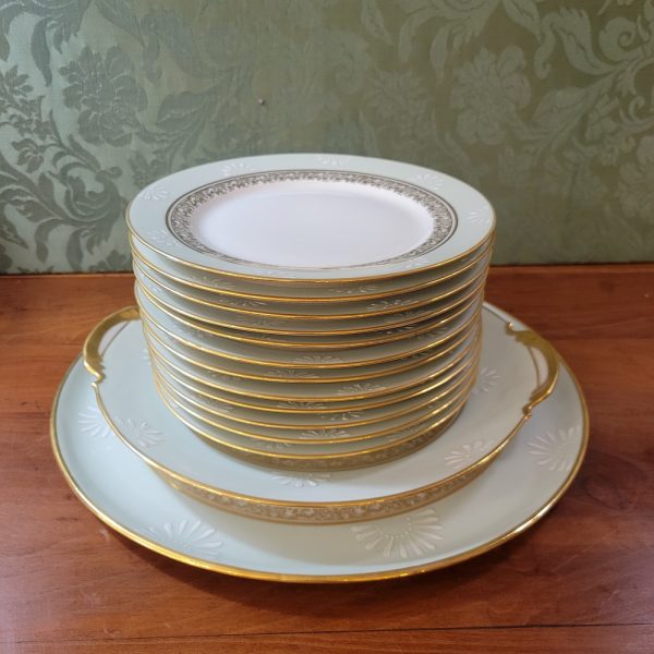 Service à Dessert Limoges, Vintage, Assiettes, Plats, Pelle et Couteaux à Gâteaux, vert Céladon