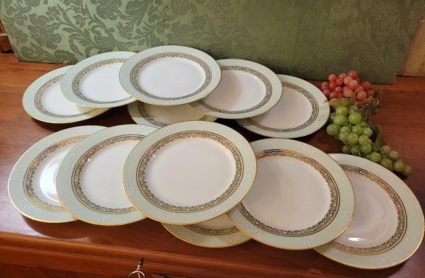 Service à Dessert Limoges, Vintage, Assiettes, Plats, Pelle et Couteaux à Gâteaux, vert Céladon