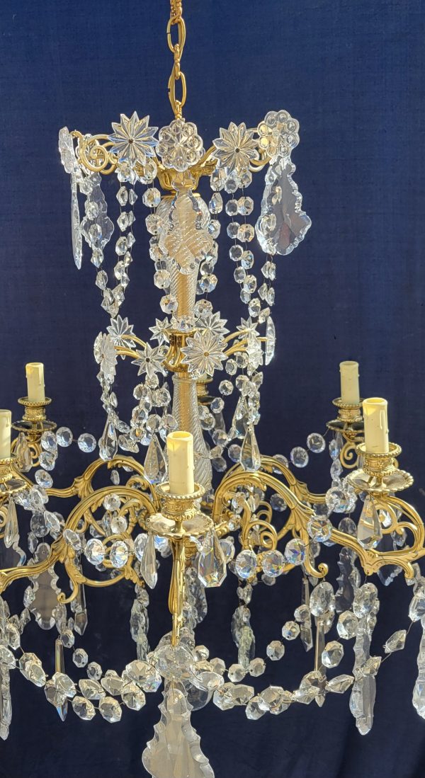 Lustre Ancien à Pampilles Napoléon III, 6 bras de Lumières