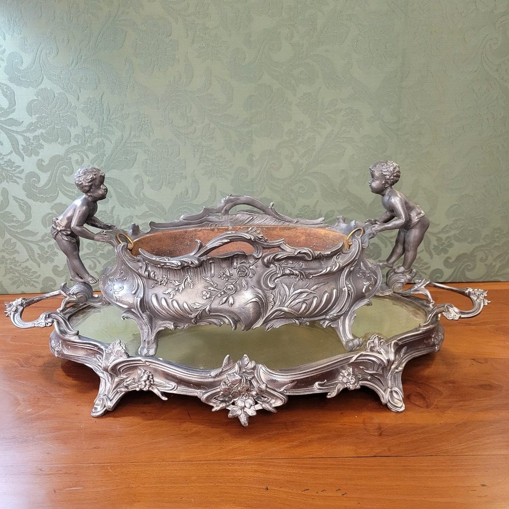 Jardinière ou Centre de Table Décor Putti, Plateau Miroir Style Louis XV