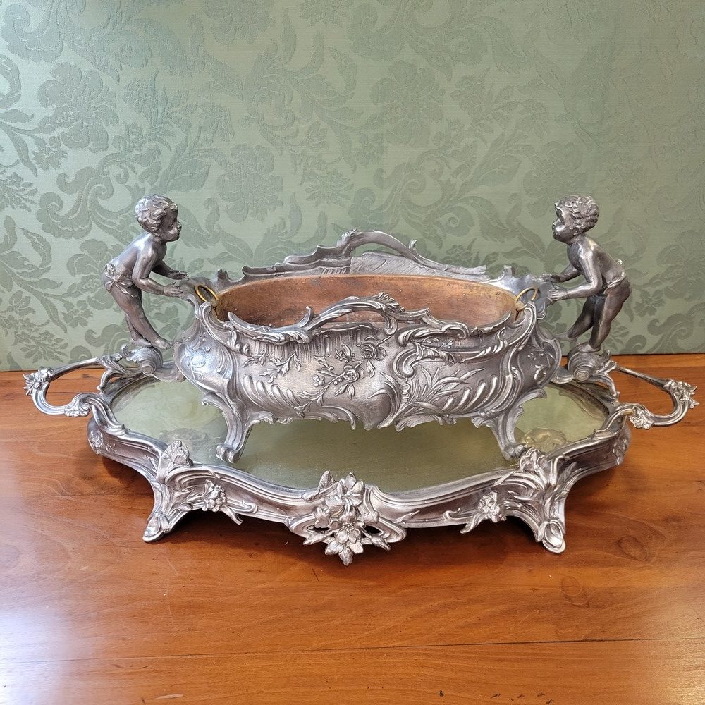 Jardinière ou Centre de Table Décor Putti, Plateau Miroir Style Louis XV