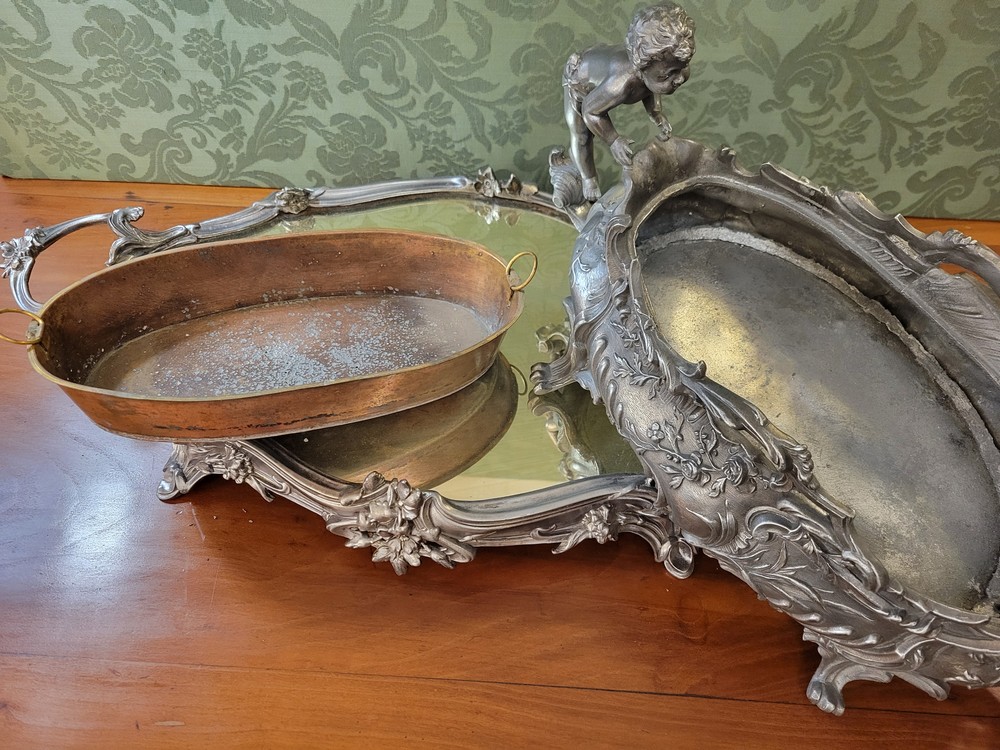 Jardinière ou Centre de Table Décor Putti, Plateau Miroir Style Louis XV