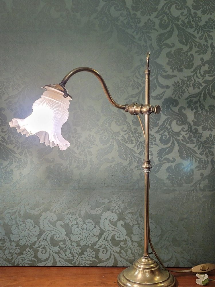 Lampe de Bureau Articulée Laiton et Tulipe en Verre
