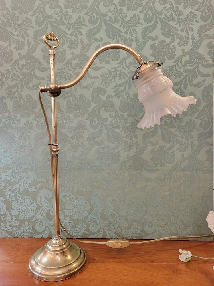 Lampe de Bureau Articulée Laiton et Tulipe en Verre