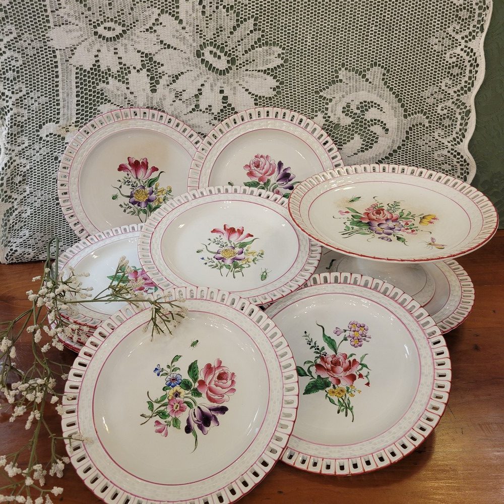 Service à Dessert,15 Pièces Faïence de Lunéville, Modèle Réverbère