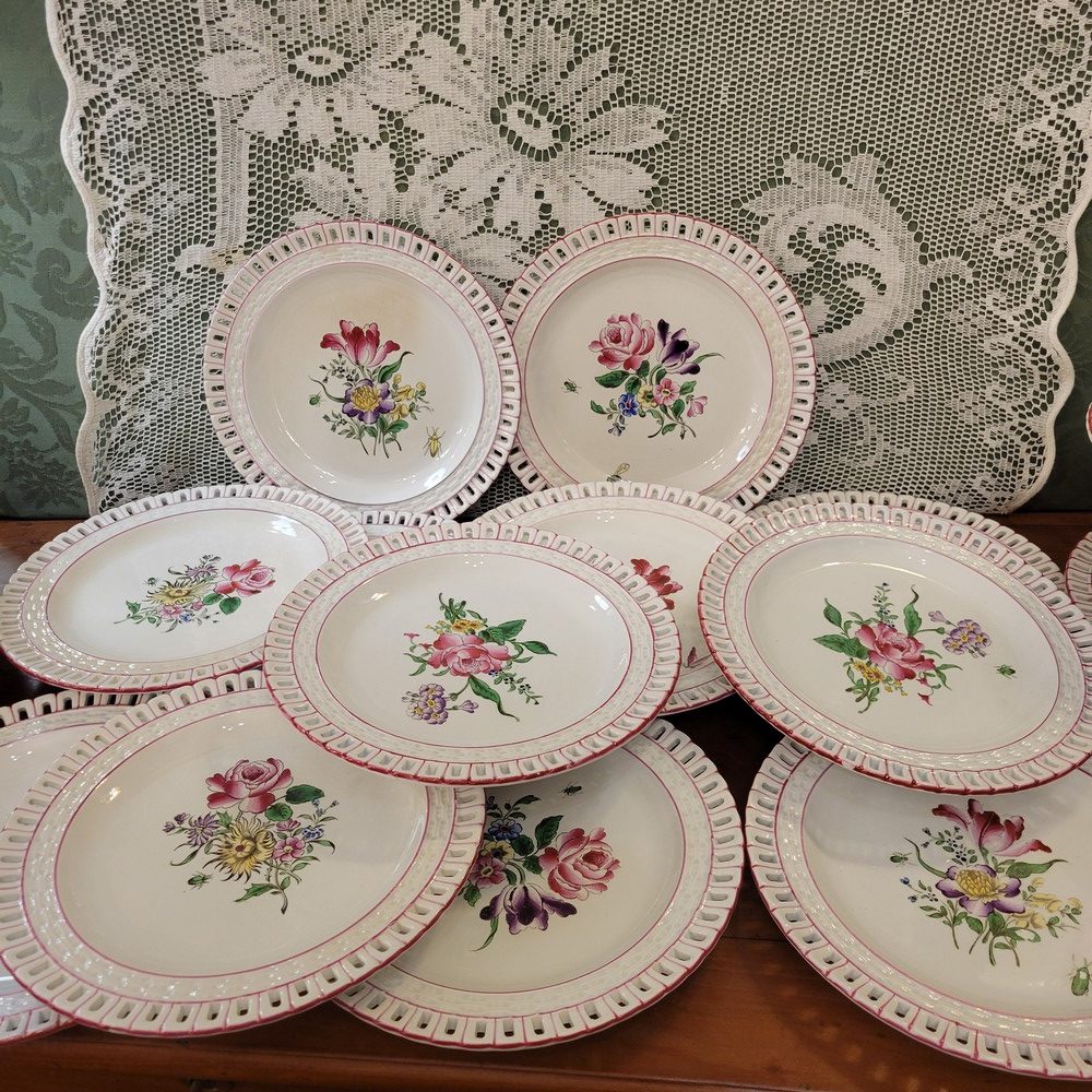 Service à Dessert,15 Pièces Faïence de Lunéville, Modèle Réverbère