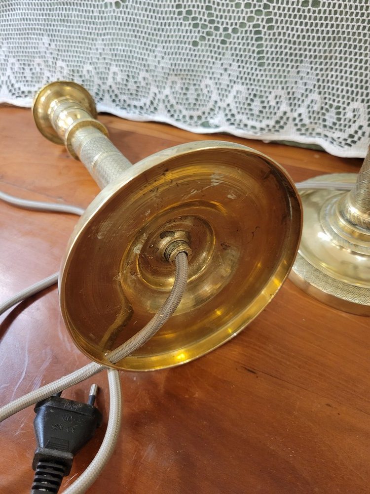 Paire de Lampes Bougeoirs Laiton Guilloché