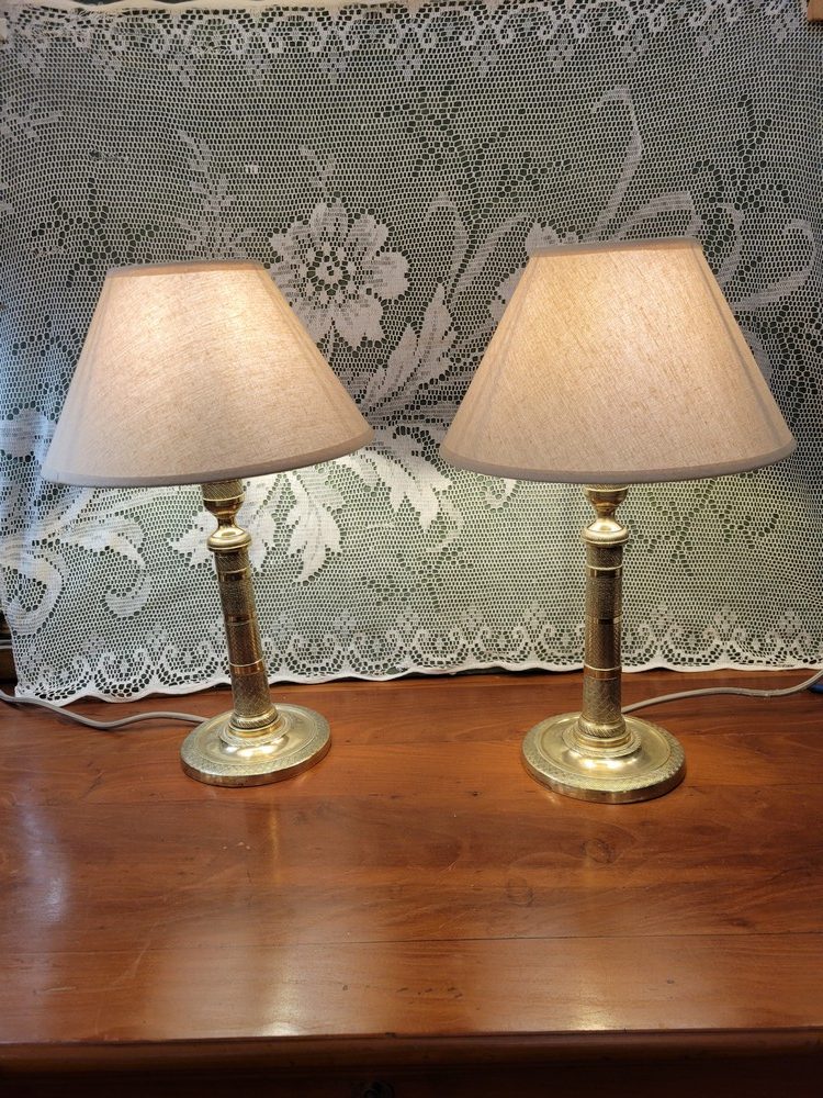 Paire de Lampes Bougeoirs Laiton Guilloché