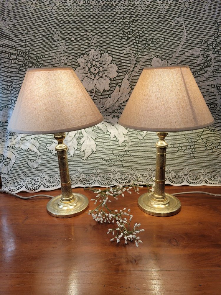 Paire de Lampes Bougeoirs Laiton Guilloché