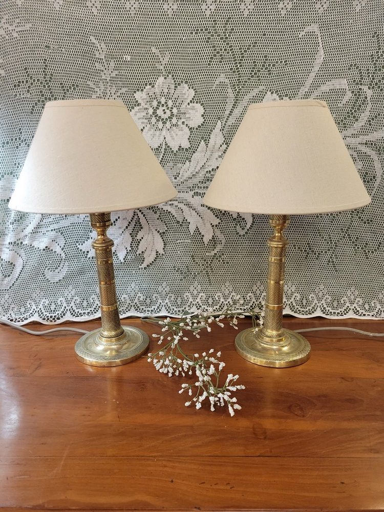 Paire de Lampes Bougeoirs Laiton Guilloché