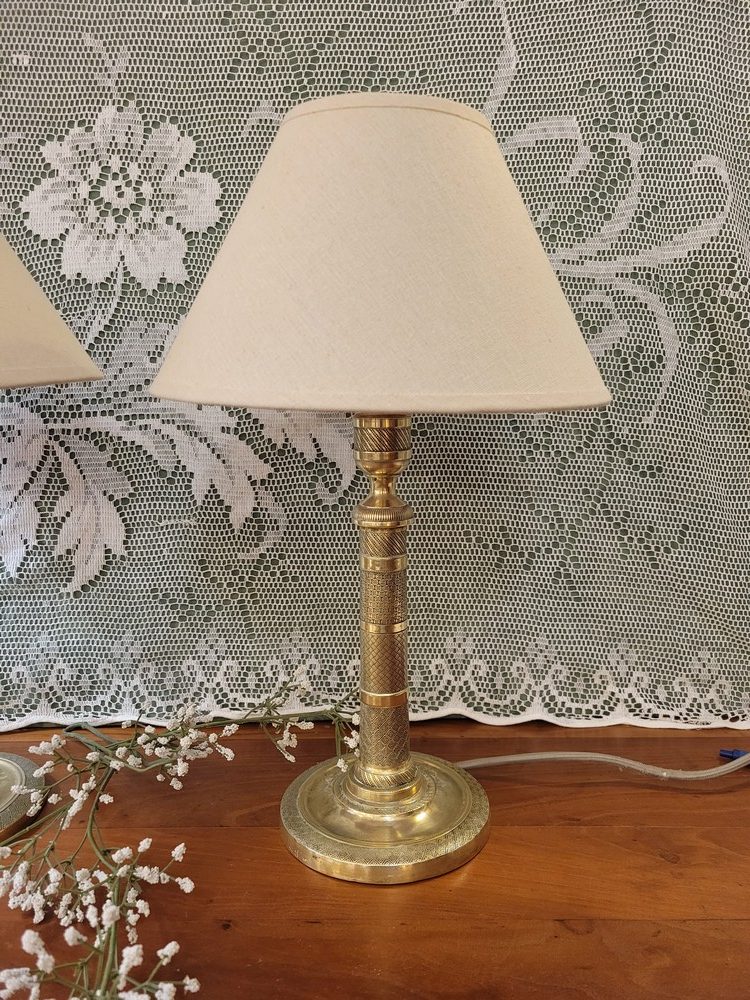 Paire de Lampes Bougeoirs Laiton Guilloché