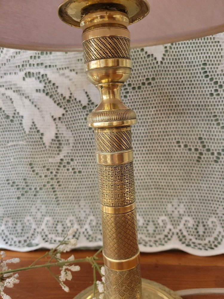 Paire de Lampes Bougeoirs Laiton Guilloché