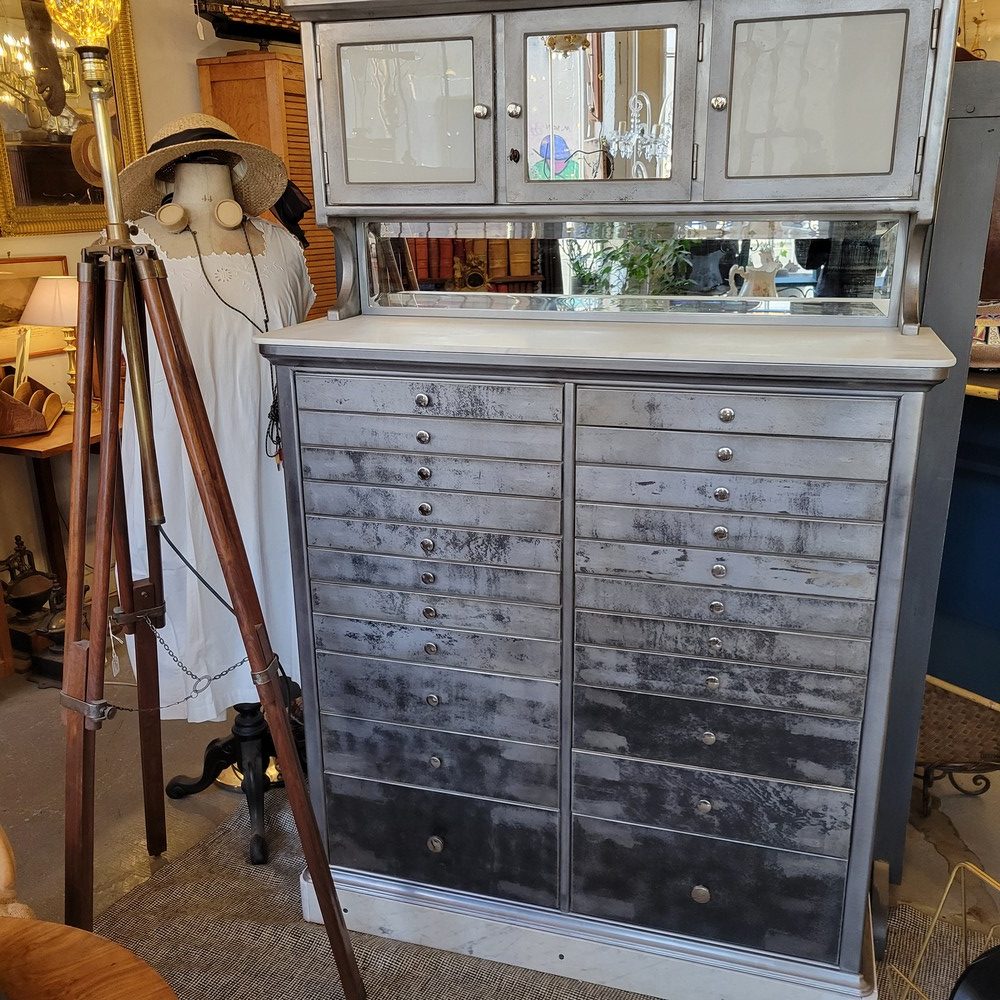 Meuble de Dentiste Acier Brossé, Marbre Blanc Années 1950