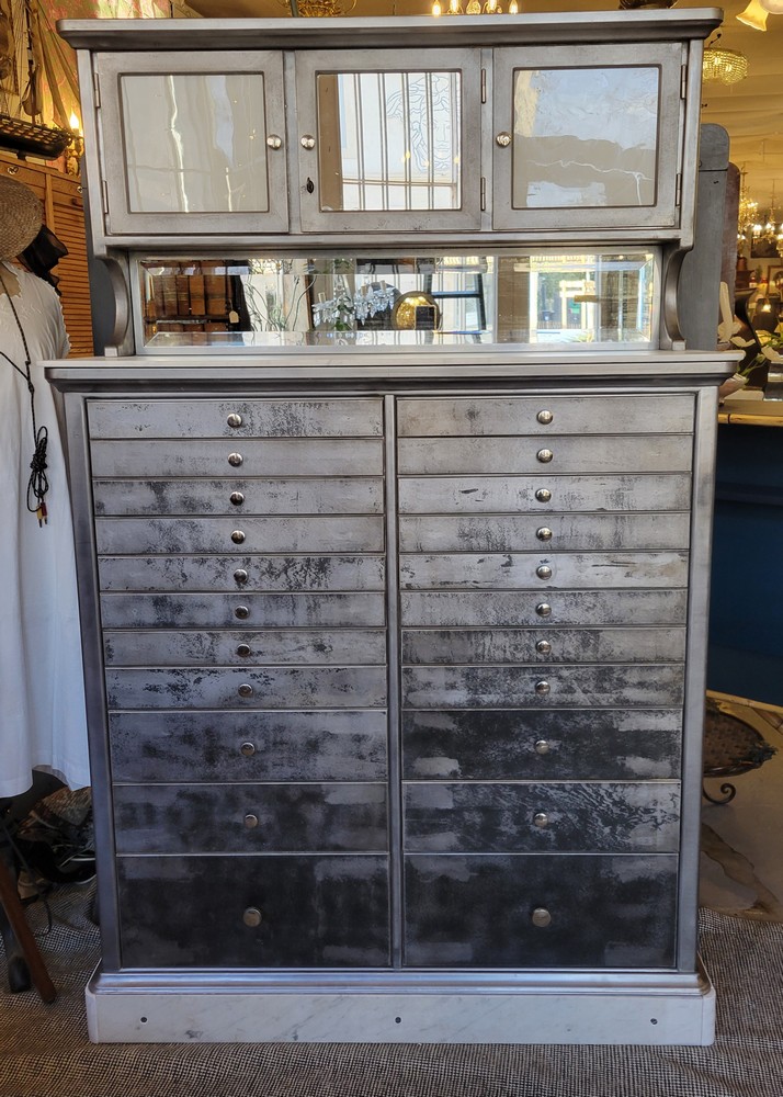 Meuble de Dentiste Acier Brossé, Marbre Blanc Années 1950