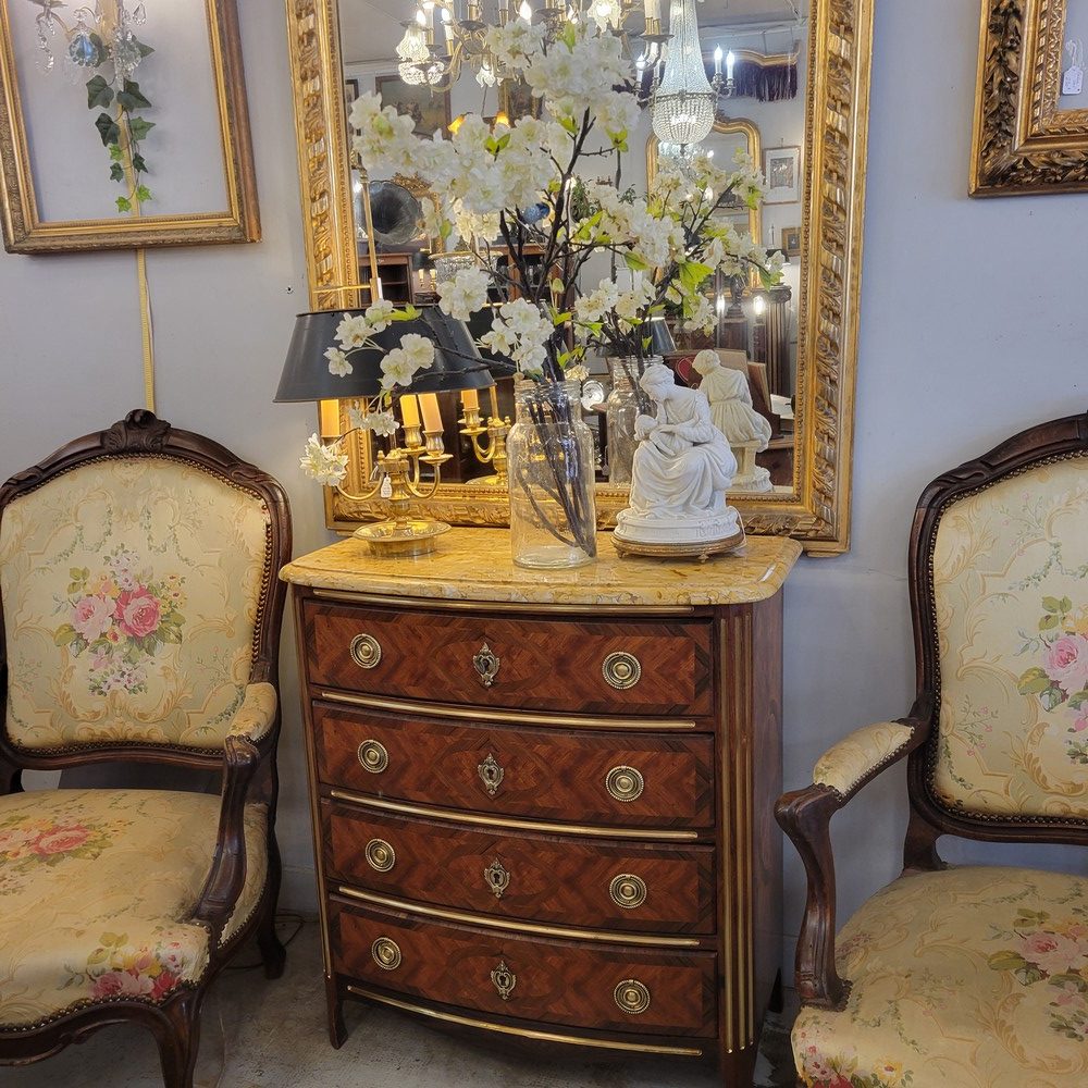 Jolie Petite Commode Marquetée Louis XVI, Marbre Brocatelle