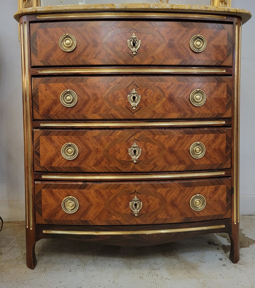 Jolie Petite Commode Marquetée Louis XVI, Marbre Brocatelle