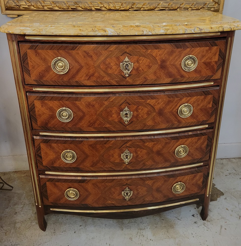 Jolie Petite Commode Marquetée Louis XVI, Marbre Brocatelle
