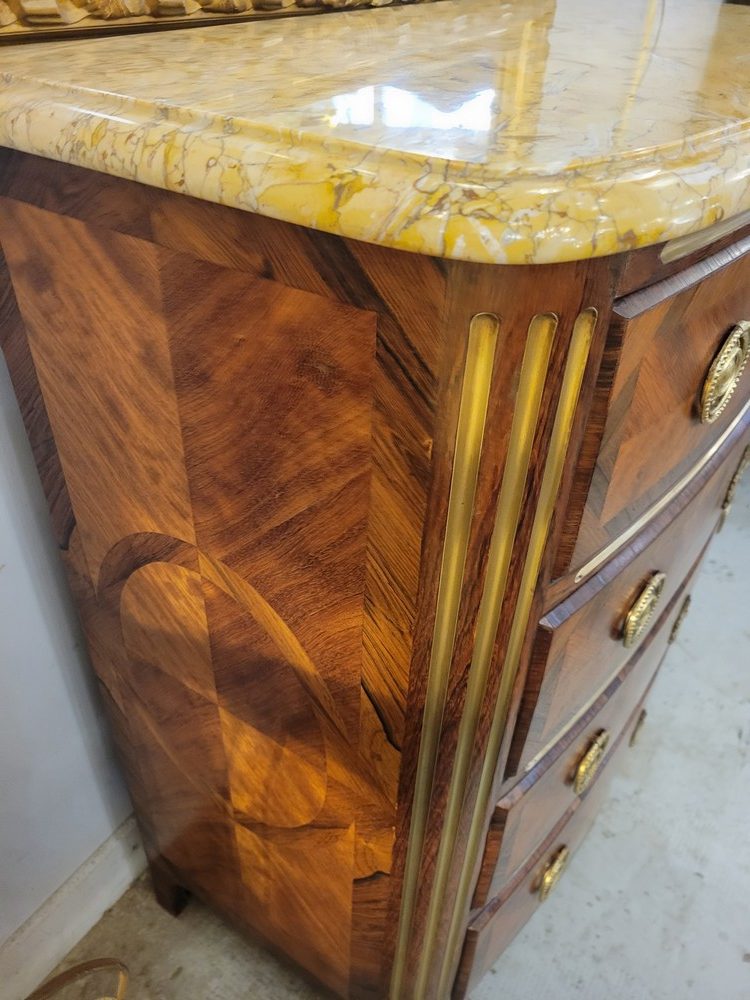 Jolie Petite Commode Marquetée Louis XVI, Marbre Brocatelle
