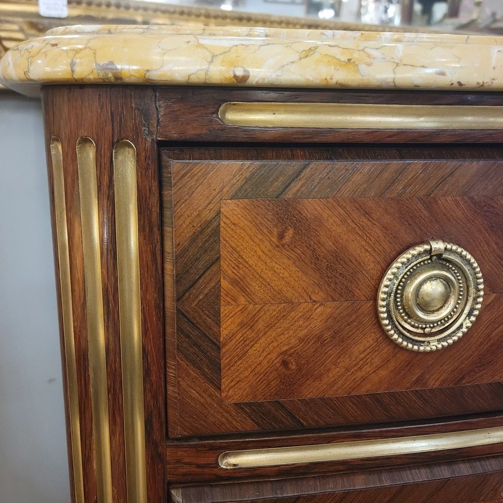 Jolie Petite Commode Marquetée Louis XVI, Marbre Brocatelle