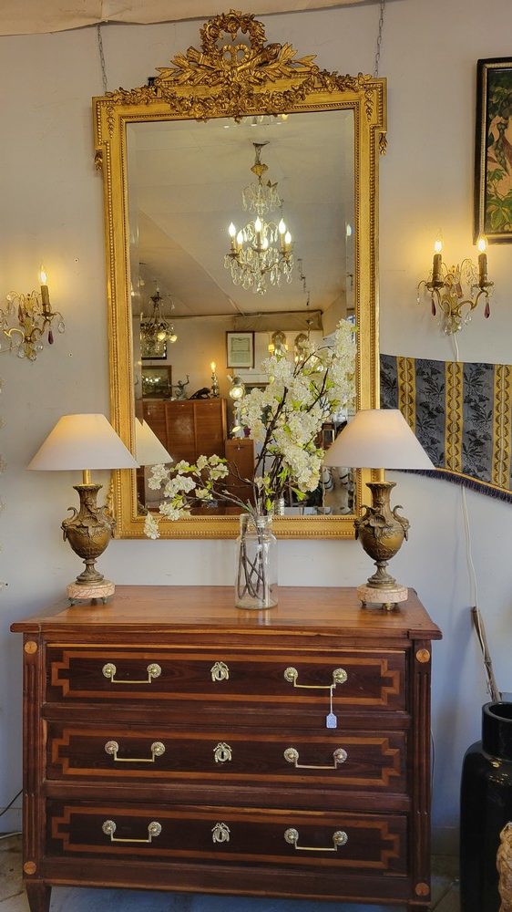 Miroir Napoléon III Bois et Stuc Doré, XIXè Décor de Roses