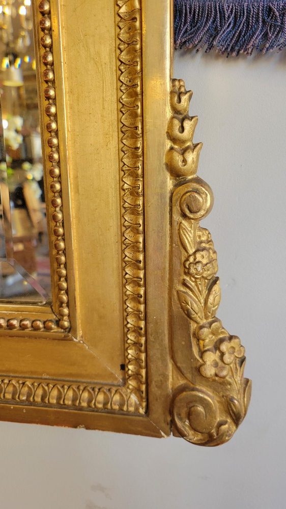 Miroir Napoléon III Bois et Stuc Doré, XIXè Décor de Roses