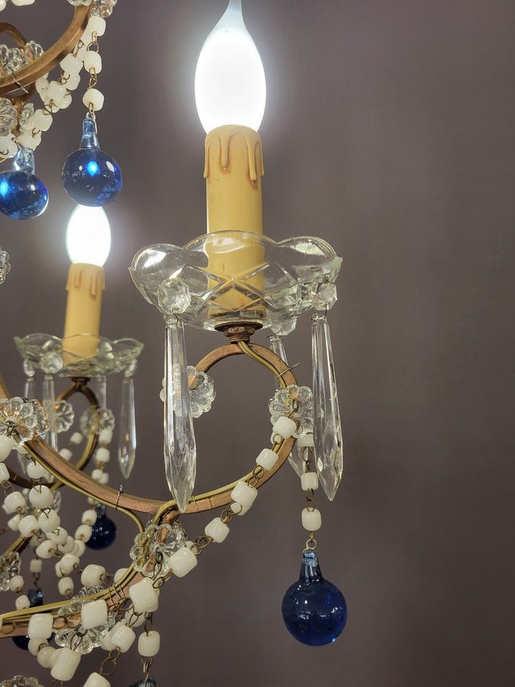 Lustre Cage Style Louis XV Perles de Verre Bleues