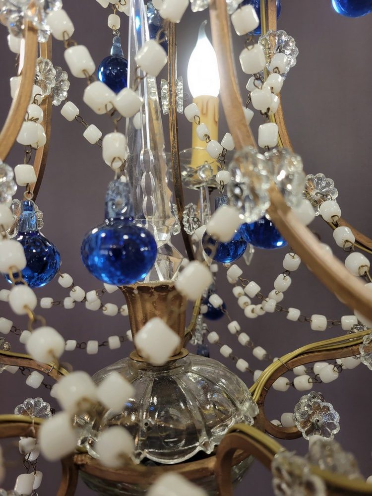 Lustre Cage Style Louis XV Perles de Verre Bleues