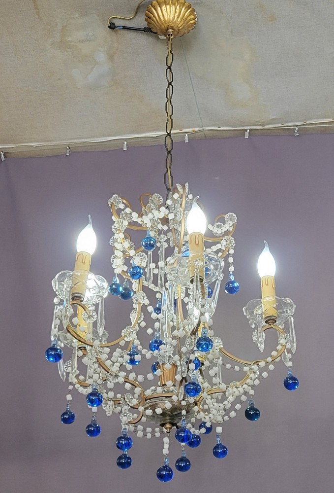 Lustre Cage Style Louis XV Perles de Verre Bleues