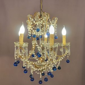Lustre Cage Style Louis XV Perles de Verre Bleues