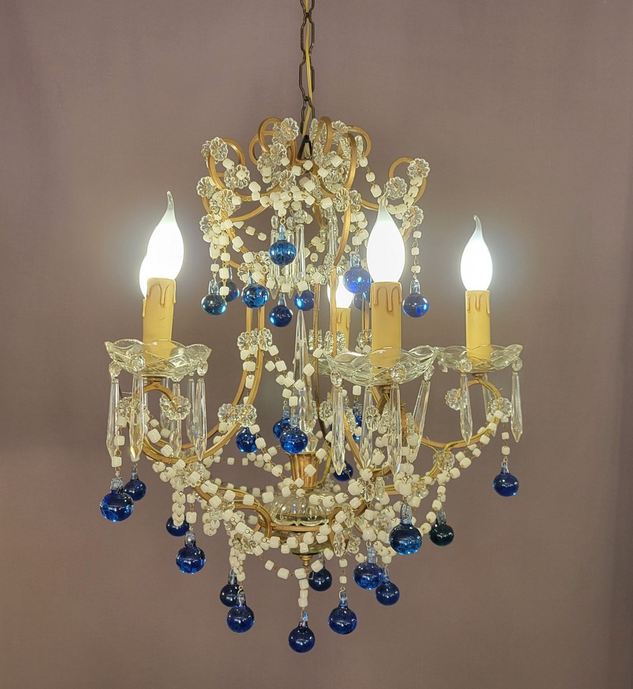 Lustre Cage Style Louis XV Perles de Verre Bleues