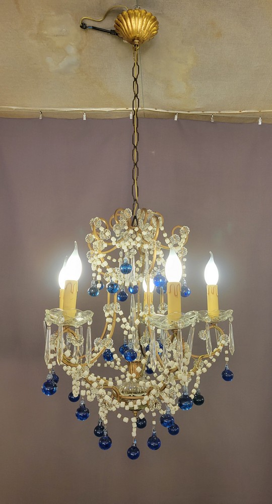 Lustre Cage Style Louis XV Perles de Verre Bleues